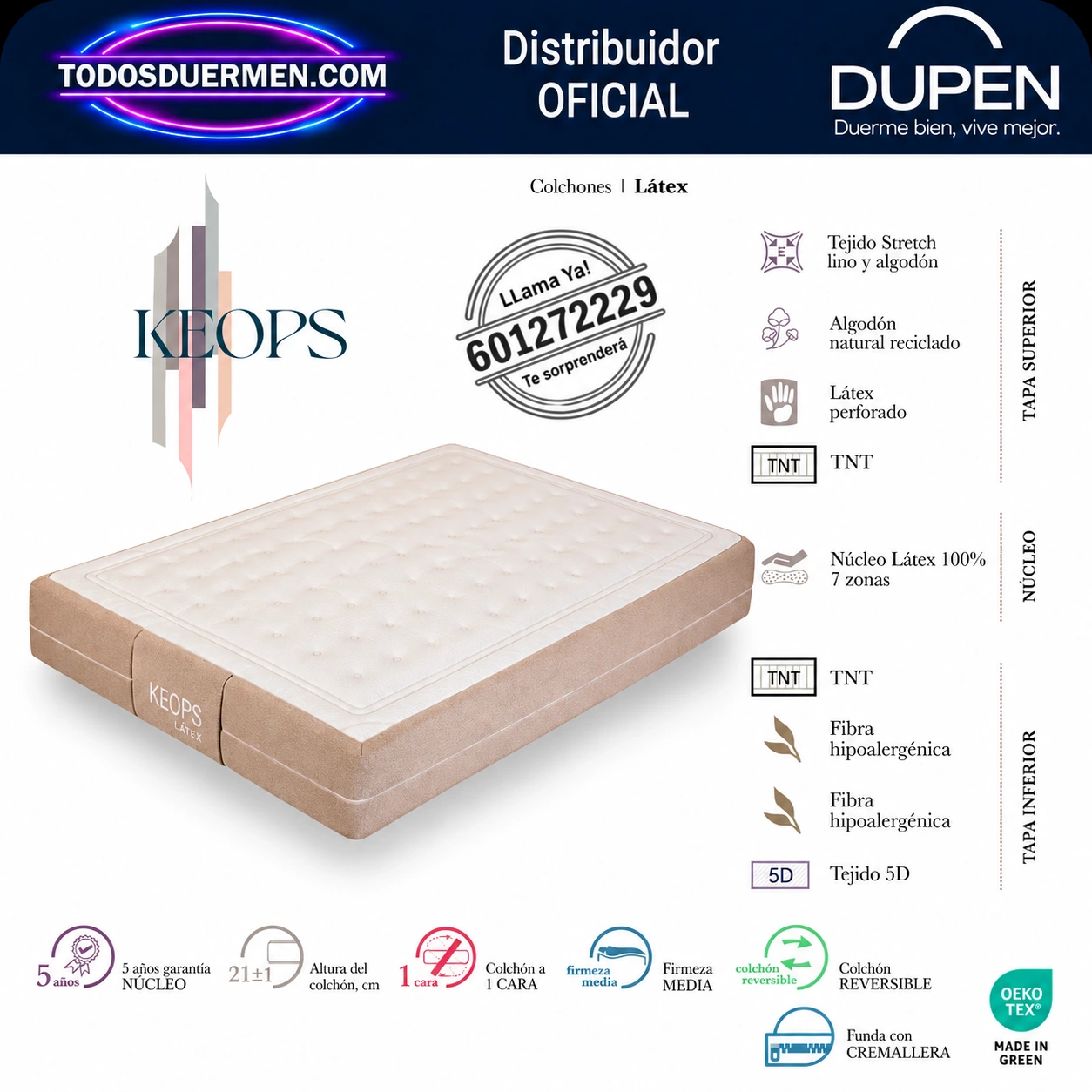Colchón Dupen Keops con núcleo de látex 100 % de 7 zonas y 21 cm de altura · tejido stretch de lino y algodón, látex perforado y fibra hipoalergénica · OEKO-TEX MADE IN GREEN · distribuidor oficial Dupen
