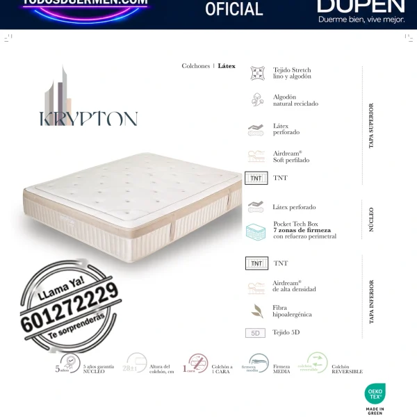Colchón Dupen Krypton · ficha oficial del fabricante con materiales, altura, firmeza y garantía · distribuidor oficial Dupen