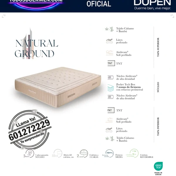 Colchón Dupen Natural Ground · ficha oficial del fabricante con materiales, altura, firmeza y garantía · distribuidor oficial Dupen