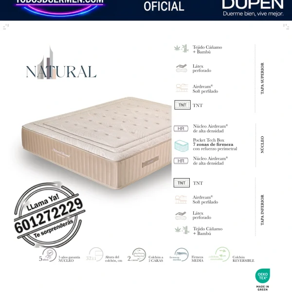 Colchón Dupen Natural Ground · ficha oficial del fabricante con materiales, altura, firmeza y garantía · distribuidor oficial Dupen