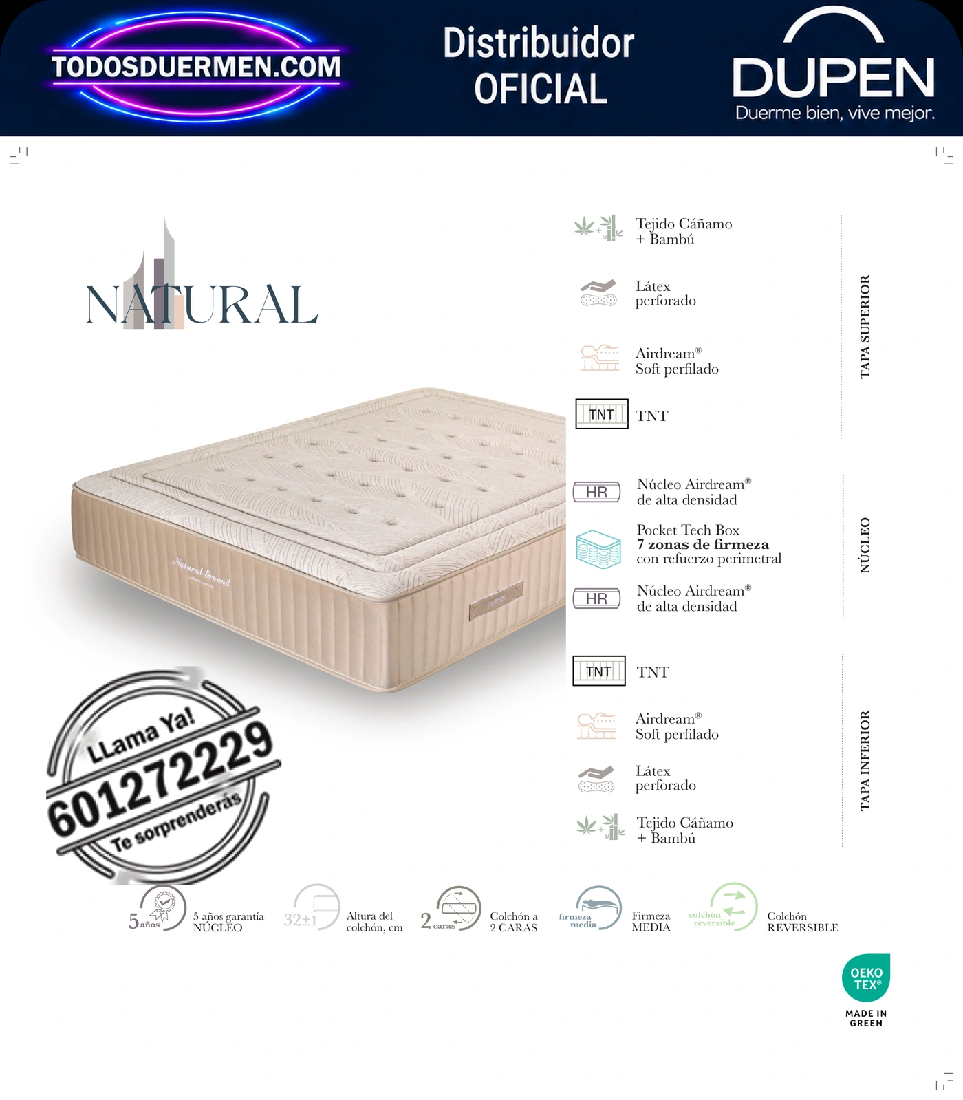 Colchón Dupen Natural Ground · ficha oficial del fabricante con materiales, altura, firmeza y garantía · distribuidor oficial Dupen