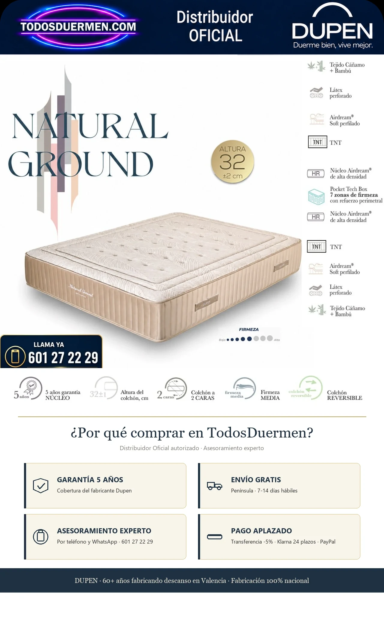Colchón Dupen Natural Ground 32 cm con Canapé Abatible Génova Plus - Imagen 2