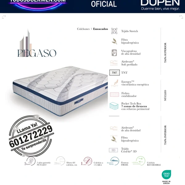 Colchón Dupen Pegaso · ficha oficial del fabricante con materiales, altura, firmeza y garantía · distribuidor oficial Dupen
