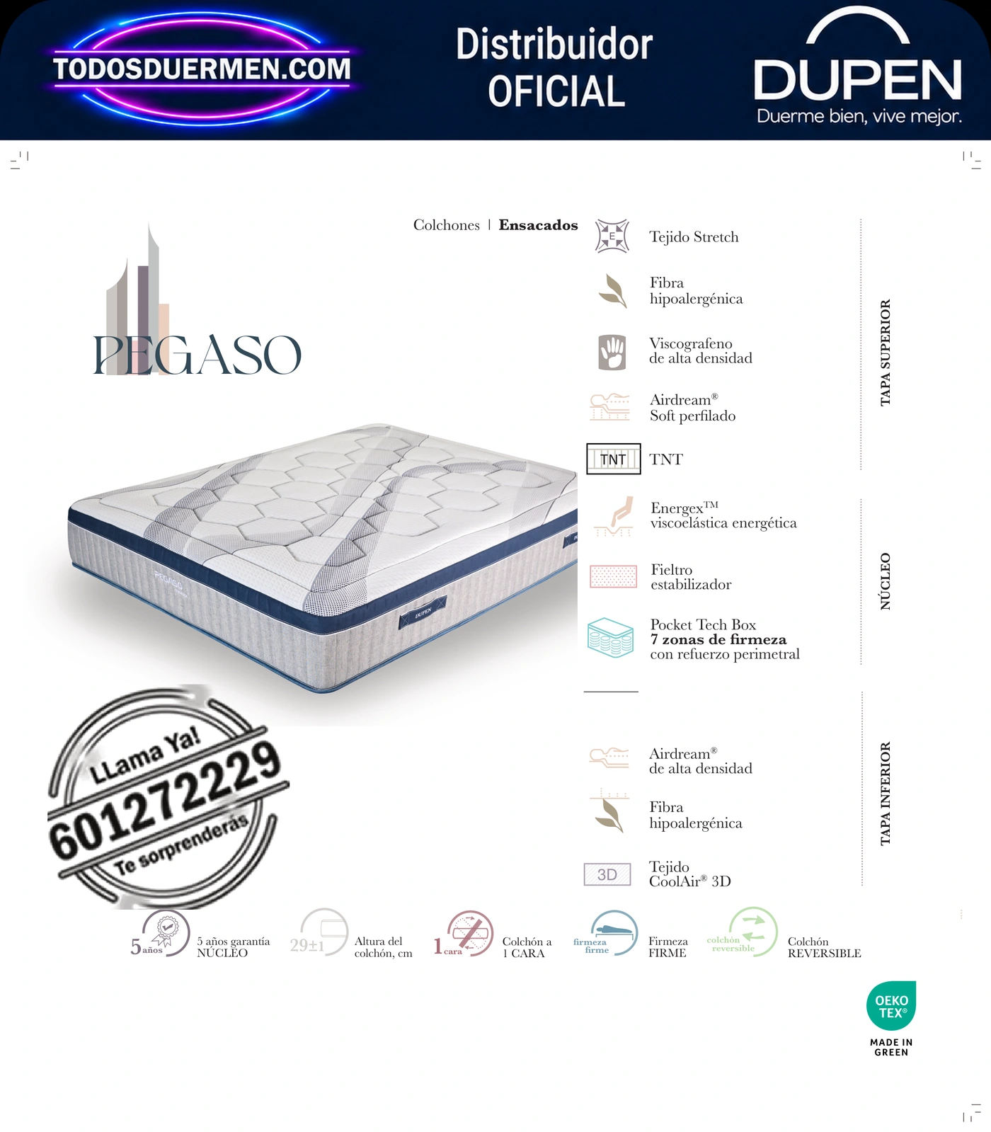 Colchón Dupen Pegaso · ficha oficial del fabricante con materiales, altura, firmeza y garantía · distribuidor oficial Dupen
