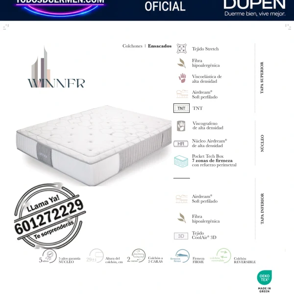 Colchón Dupen Winner · ficha oficial del fabricante con materiales, altura, firmeza y garantía · distribuidor oficial Dupen